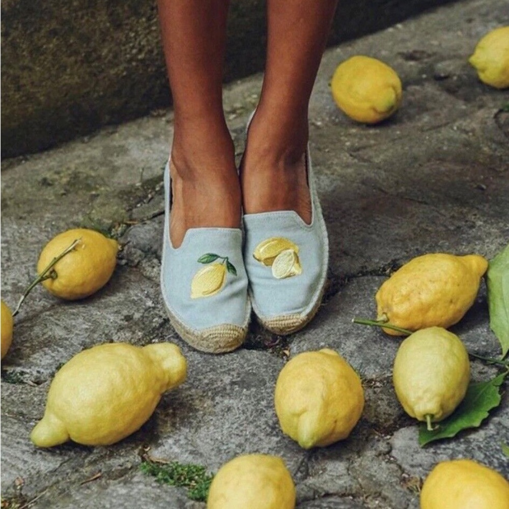 Soludos Espadrilles with Lemon Embroidery whimsical fruit print pattern - Picture 3 of 5